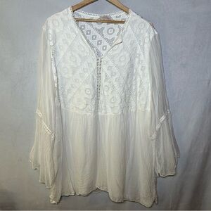 Bellambra White Silk Boho Lace Top Tunic Blouse. Made in Italy. Plus Size 3X